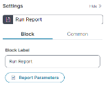 Image of the Block tab of the Settings pane for the Run Report Quick Action block.